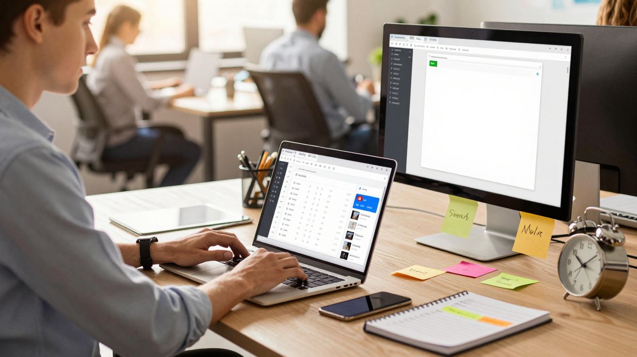 Pessoa mexendo no notebook em mesa com celular, relógio, bloco de notas e monitor em escritório.
