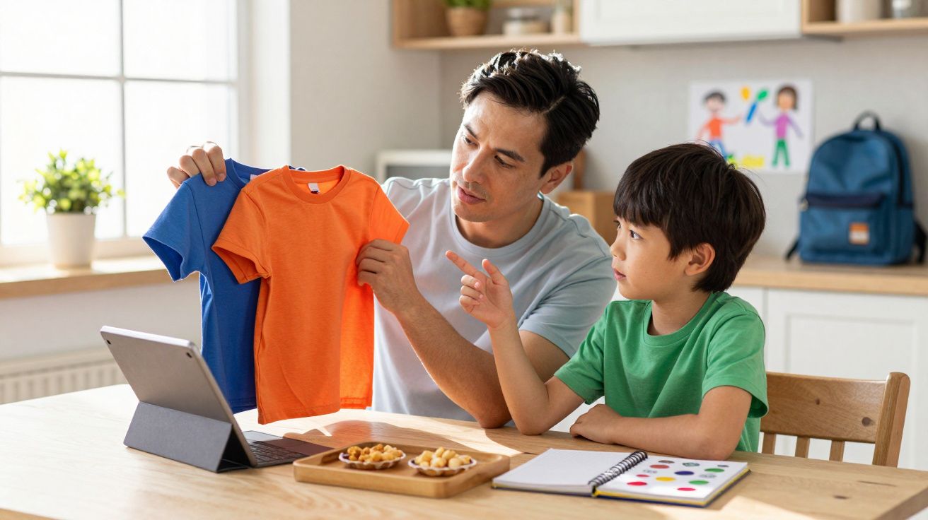 Pai e filho sentados à mesa comparando camisetas enquanto usam tablet em ambiente iluminado.