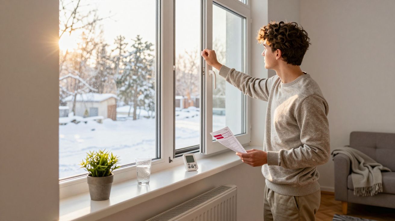 Jovem abre janela de casa para ventilar ambiente em dia ensolarado de inverno com neve do lado de fora.