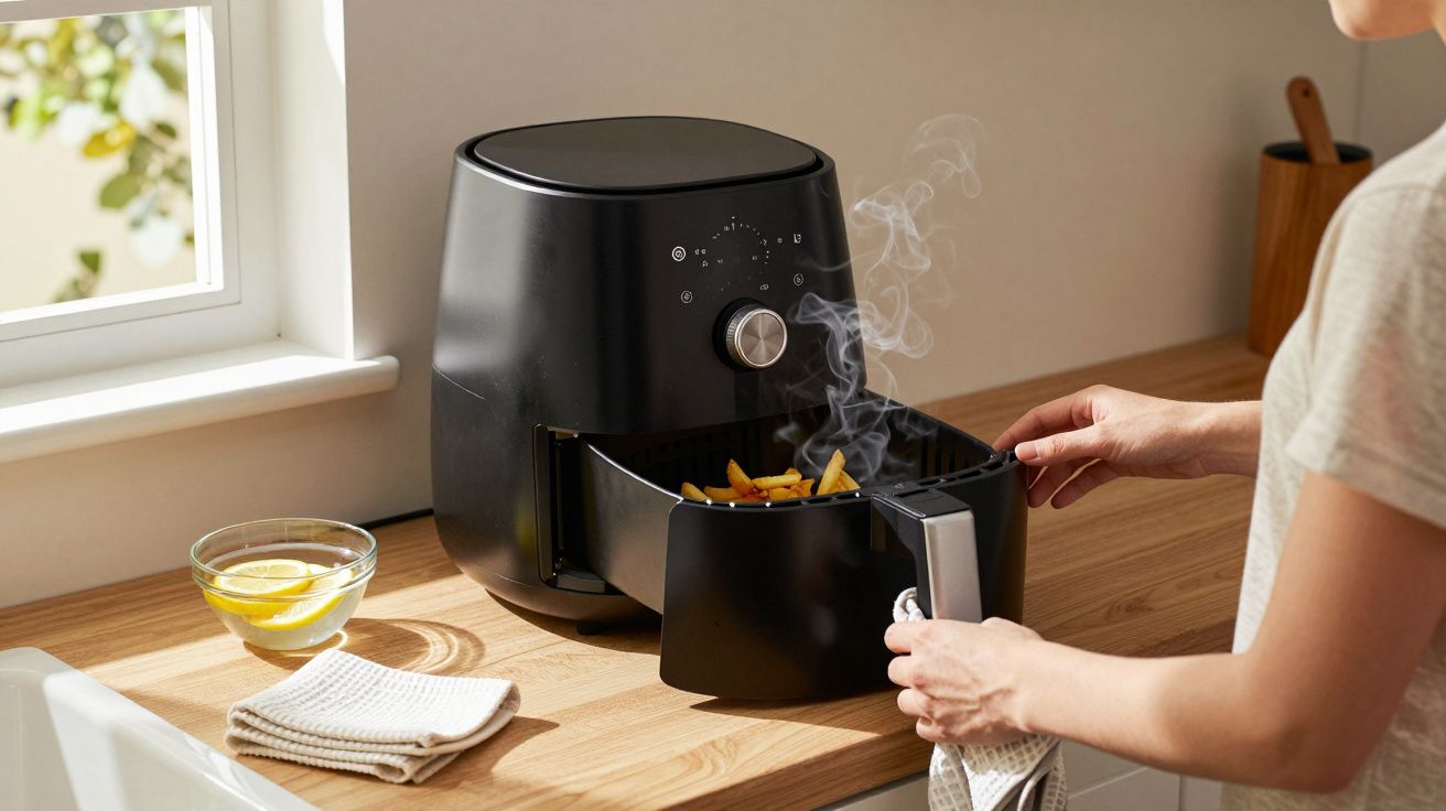 Pessoa retirando batatas fritas quentes e fumegantes de uma air fryer preta em bancada de cozinha.