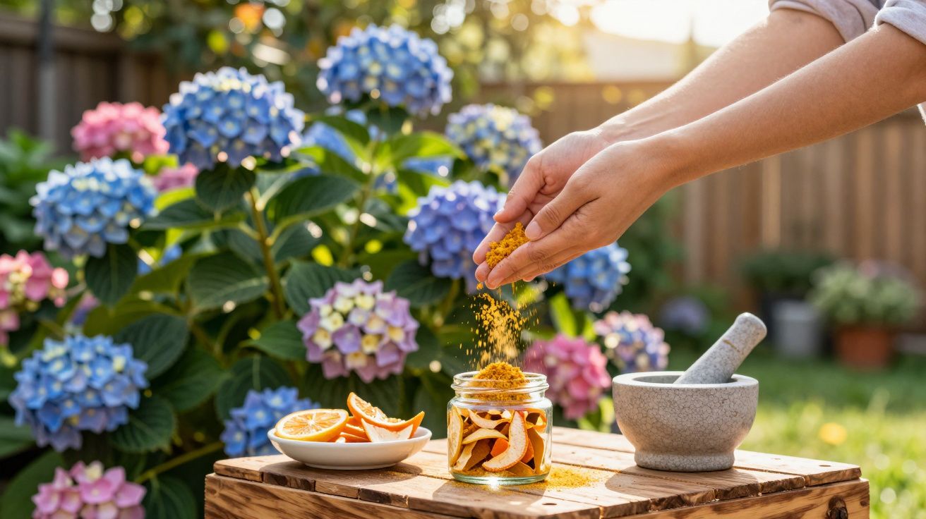 Mãos polvilhando especiaria sobre pedaços de laranja em pote, com hortênsias ao fundo em jardim ensolarado.