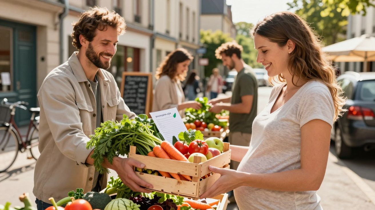 Homem e mulher sorrindo em feira ao ar livre trocando caixa com legumes e frutas frescas.
