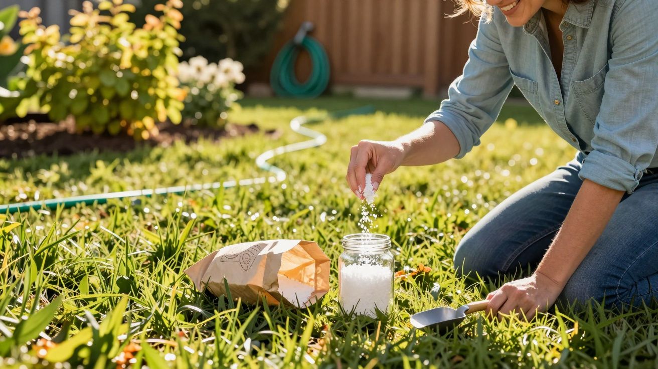 Pessoa espalhando sal em frasco no jardim durante dia ensolarado, com saco de papel e pá ao lado.