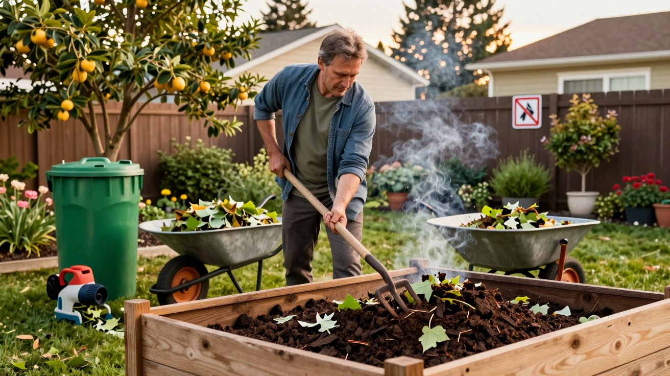 Homem cuidando de compostagem em canteiro elevado no jardim de casa ao entardecer.