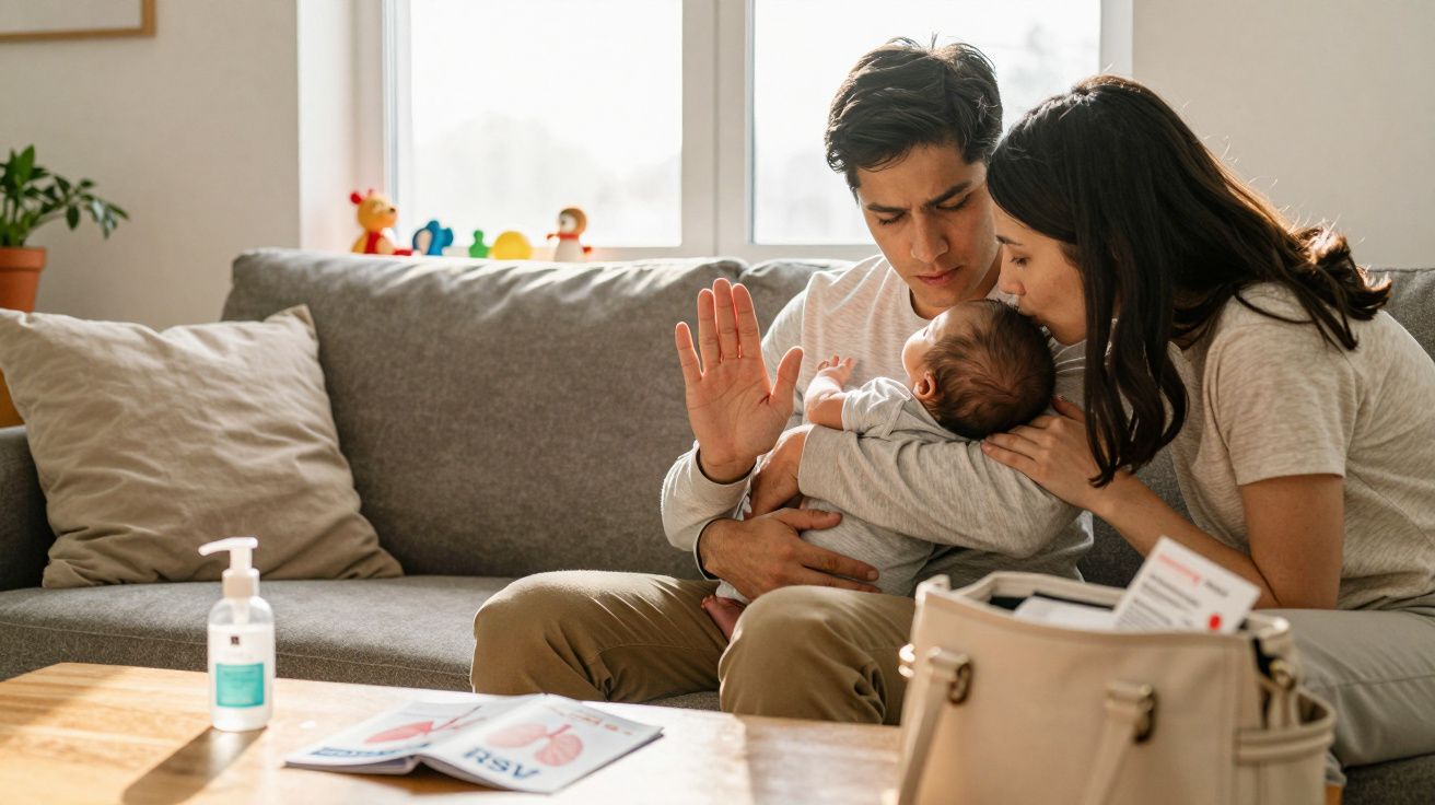 Casal segurando bebê em sala de estar, com álcool em gel e folheto sobre saúde na mesa à frente.
