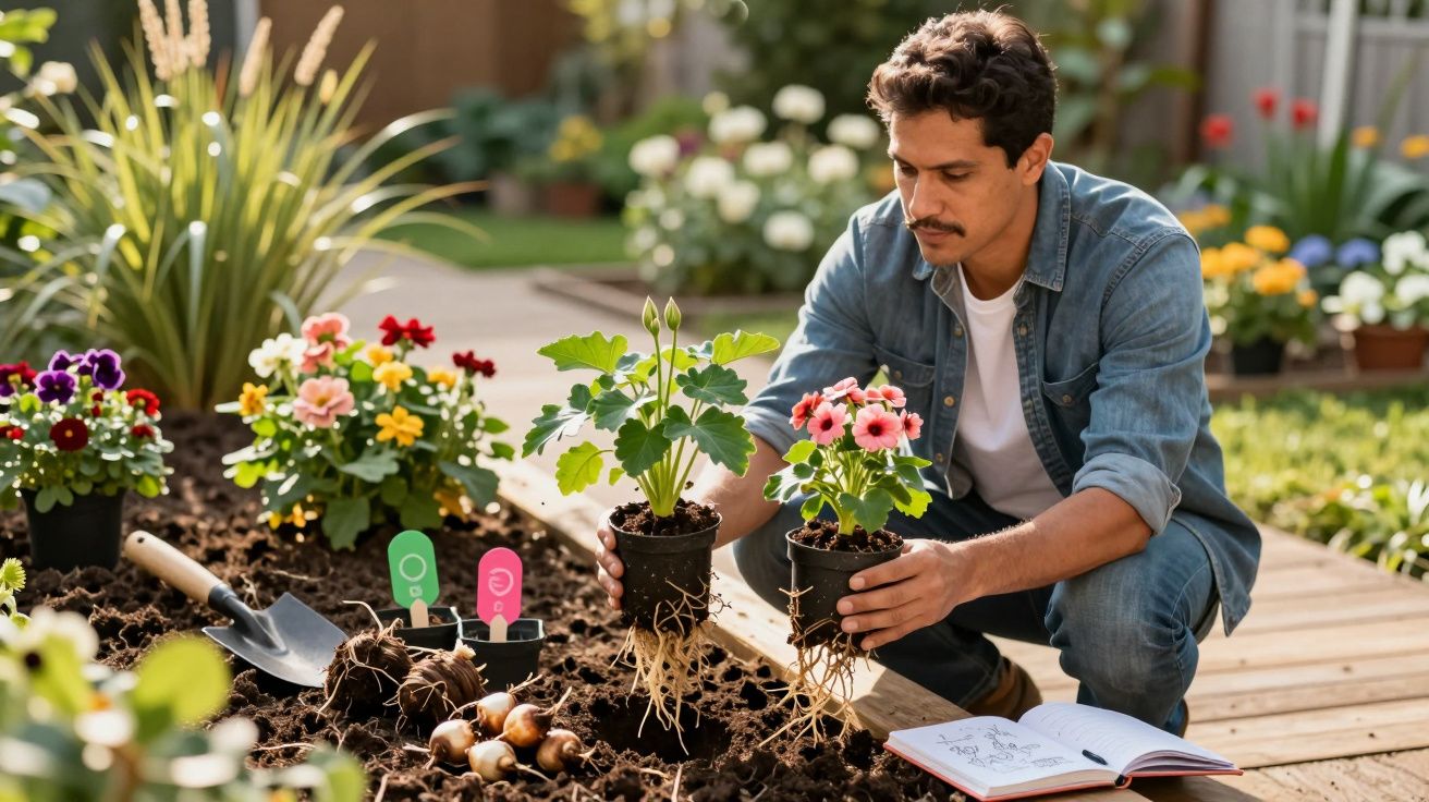 Homem transplantando mudas de flores em canteiro de jardim ao ar livre durante o dia.