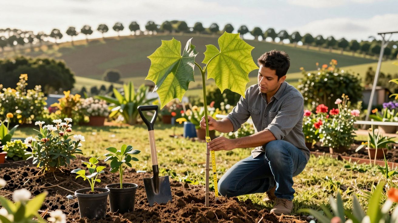 Homem medindo muda de planta em jardim ao ar livre cercado por flores e ferramentas.