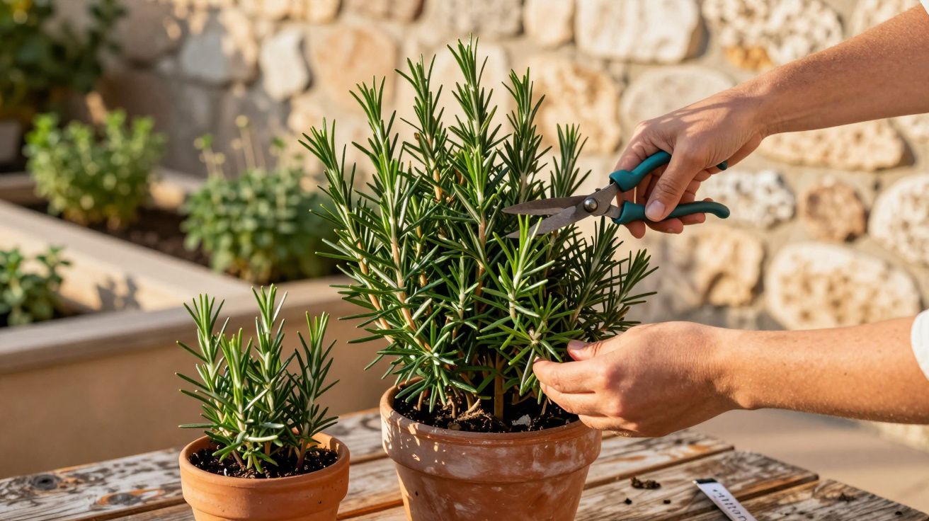 Mãos podando planta de alecrim em vaso de barro em mesa de madeira ao ar livre com parede de pedra ao fundo.
