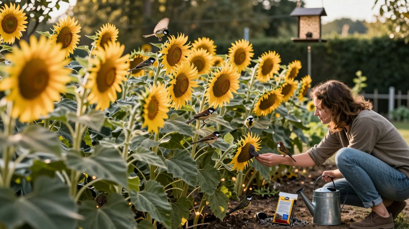 Mulher alimenta pássaros em campo de girassóis sob luz suave do entardecer.