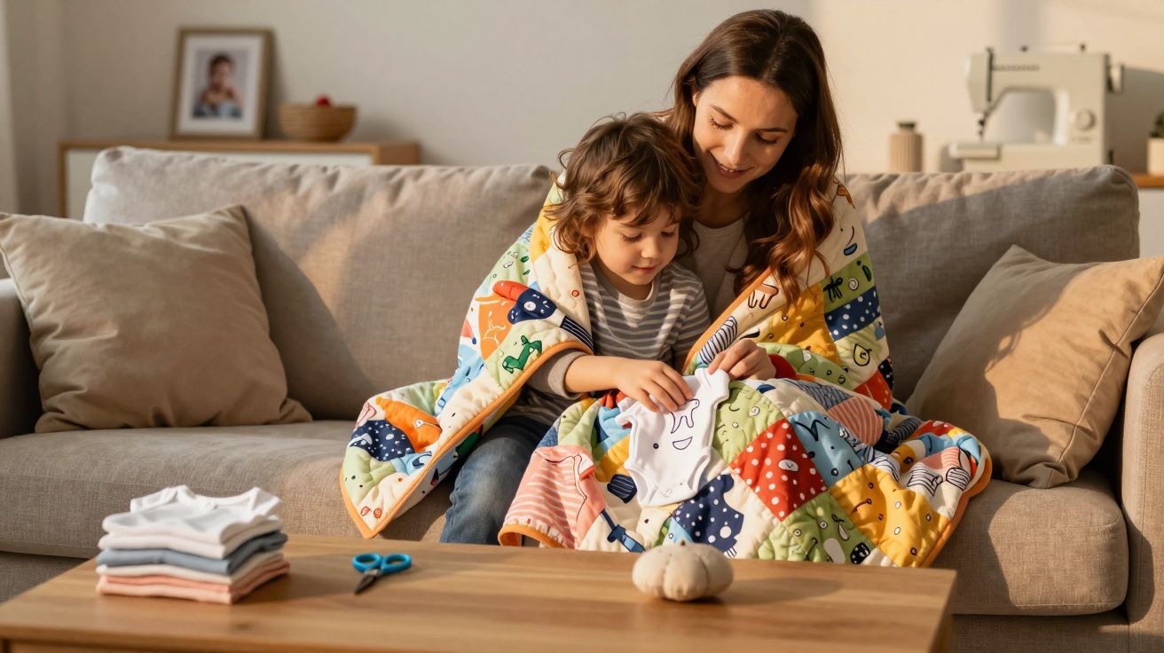 Mulher e criança costurando manta colorida juntos no sofá da sala.
