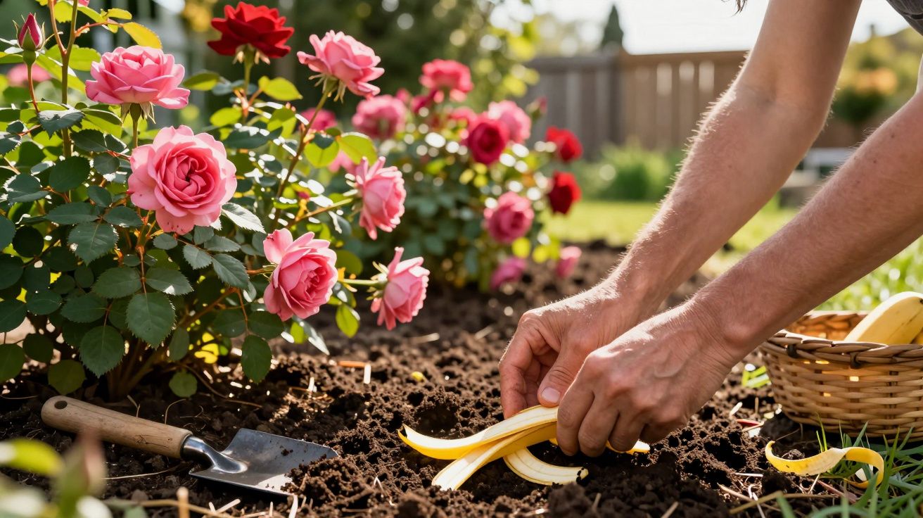 Pessoa colocando casca de banana no solo próximo a roseiras floridas em jardim ensolarado.