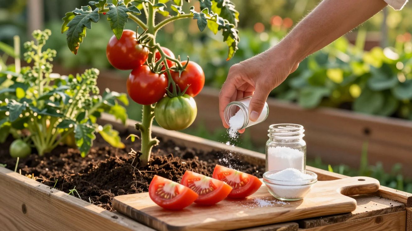 Mão salpicando sal em fatias de tomate próximo a pé de tomate com frutos maduros e verdes.
