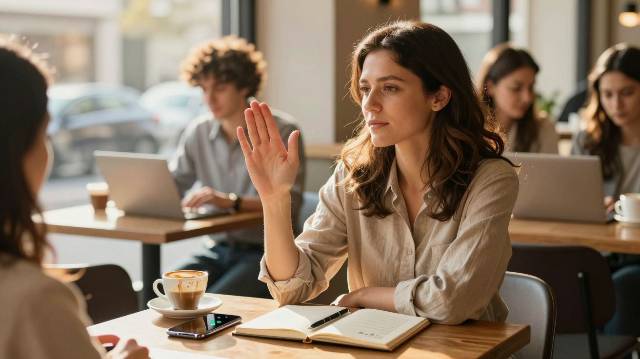 Mulher levantando a mão durante conversa em café, com caderno aberto e outras pessoas ao fundo usando laptops.