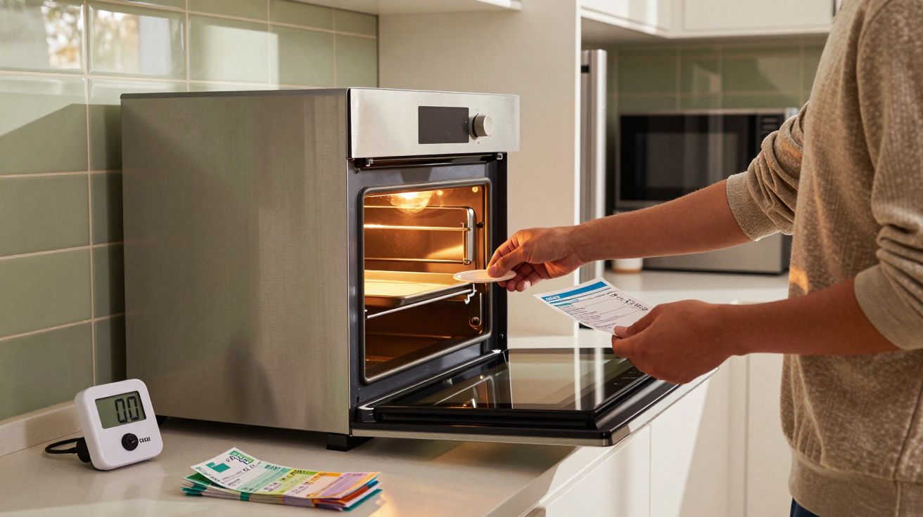 Pessoa usando termômetro para verificar a temperatura interna de um forno elétrico na cozinha.