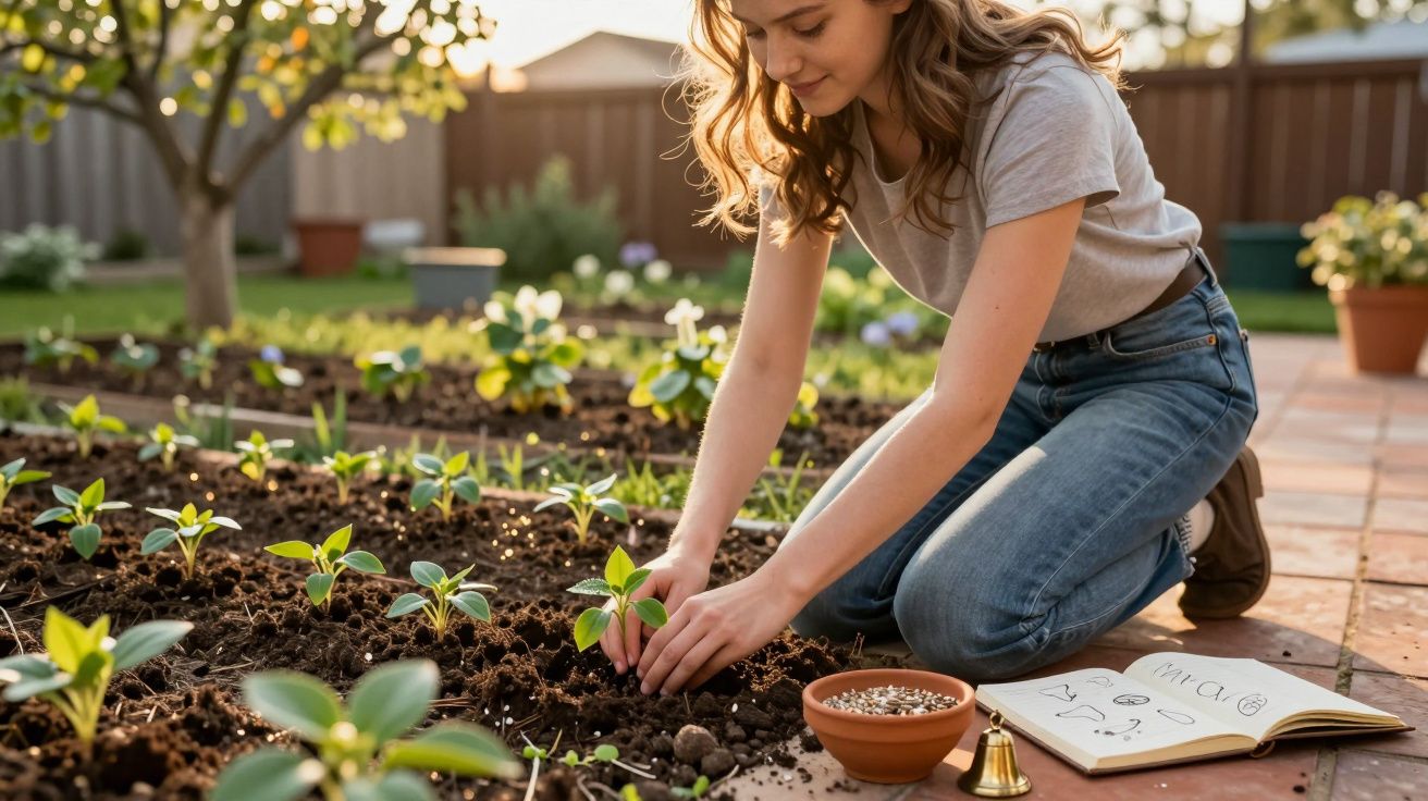 Jovem plantando mudas em jardim, com caderno, sementes e sino ao lado, em ambiente externo iluminado.