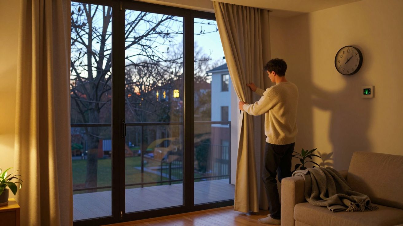 Pessoa abrindo cortina em sala iluminada ao entardecer, com sofá, relógio e planta.