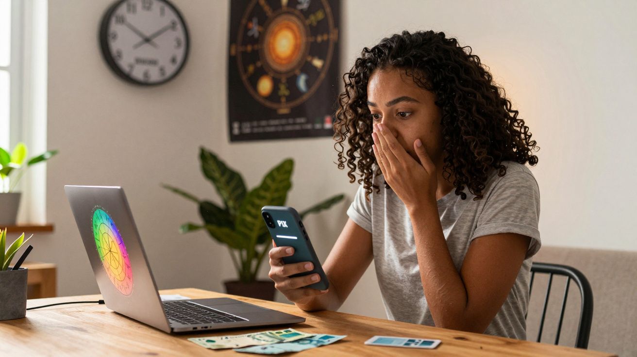 Mulher surpresa olhando celular sentada à mesa com laptop, dinheiro e plantas ao fundo.