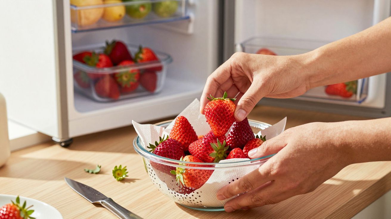 Mãos segurando morangos em uma tigela de vidro com papel toalha, perto de uma geladeira aberta.