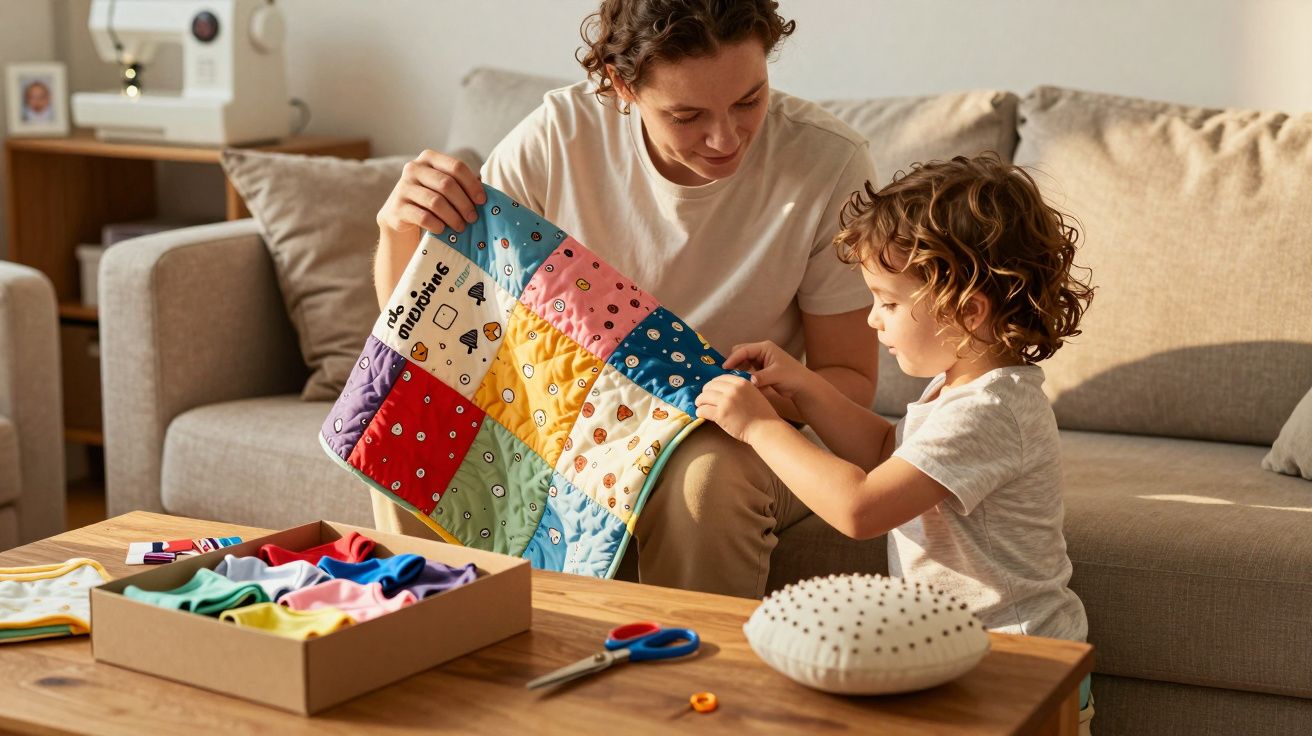 Mulher e criança fazendo patchwork colorido juntos em sala com mesa de madeira.