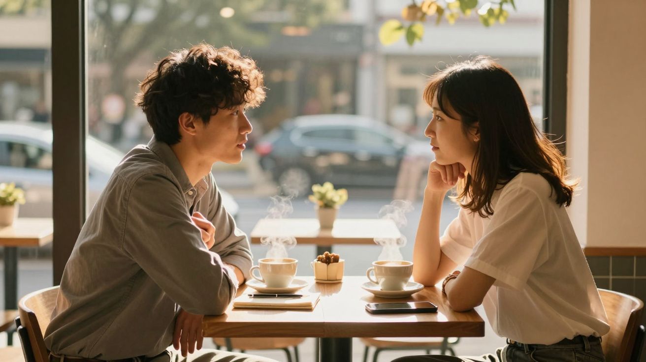Casal jovem conversando em cafeteria, com duas xícaras de café fumegante sobre a mesa.
