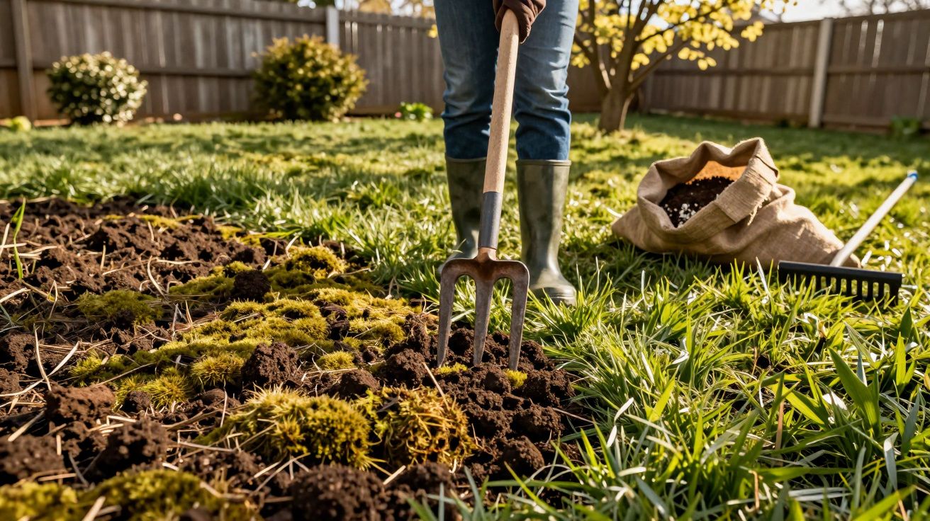 Pessoa usando botas e luvas mexe a terra do jardim com um garfo de jardim em um dia ensolarado.