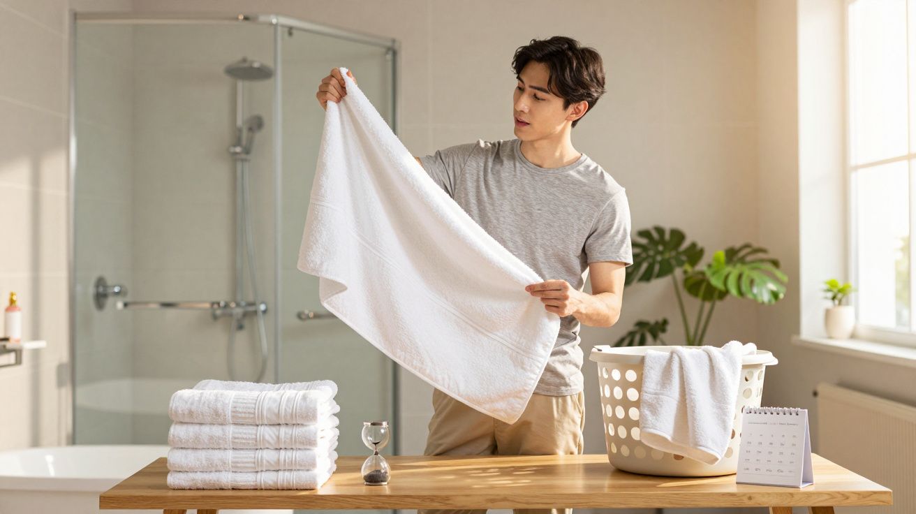Homem em banheiro segurando toalha branca com pilha de toalhas e cesto na mesa de madeira.