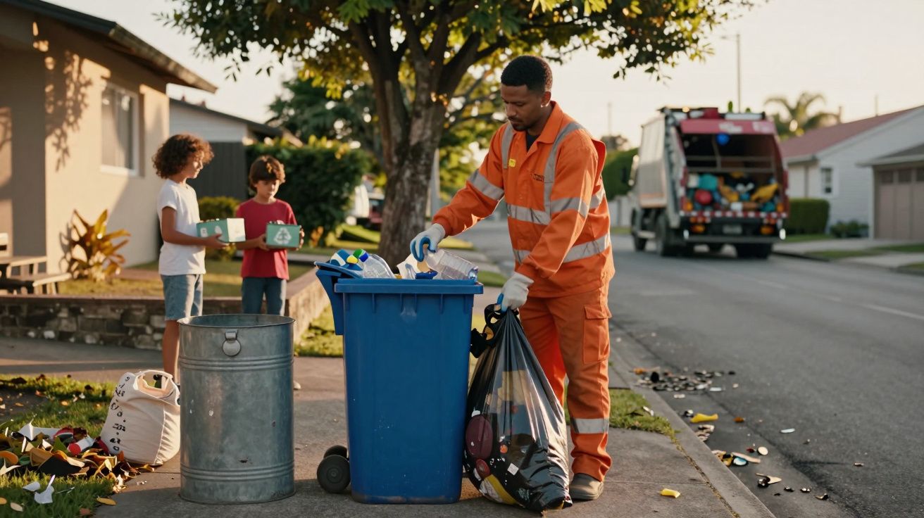 Coletor de lixo em uniforme laranja separa recicláveis enquanto duas crianças ajudam em calçada residencial.