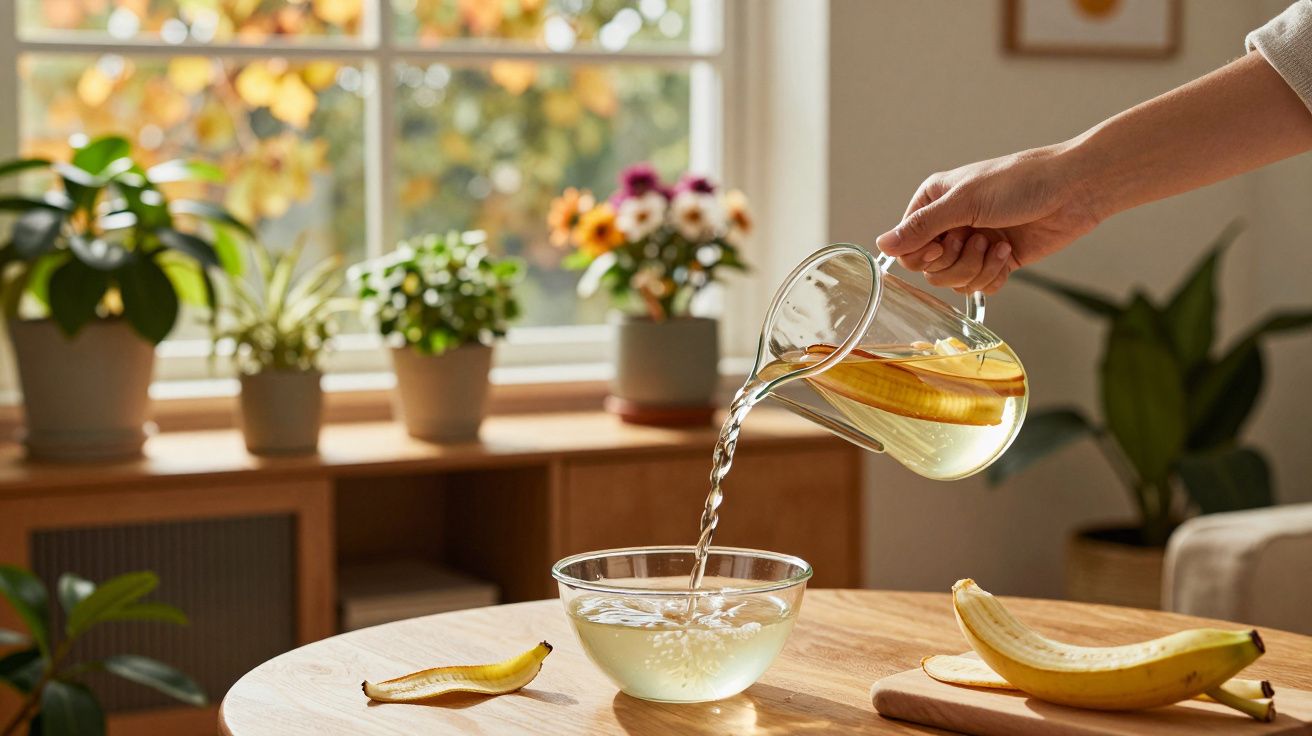 Pessoa despejando água com banana em bowl transparente sobre mesa de madeira.