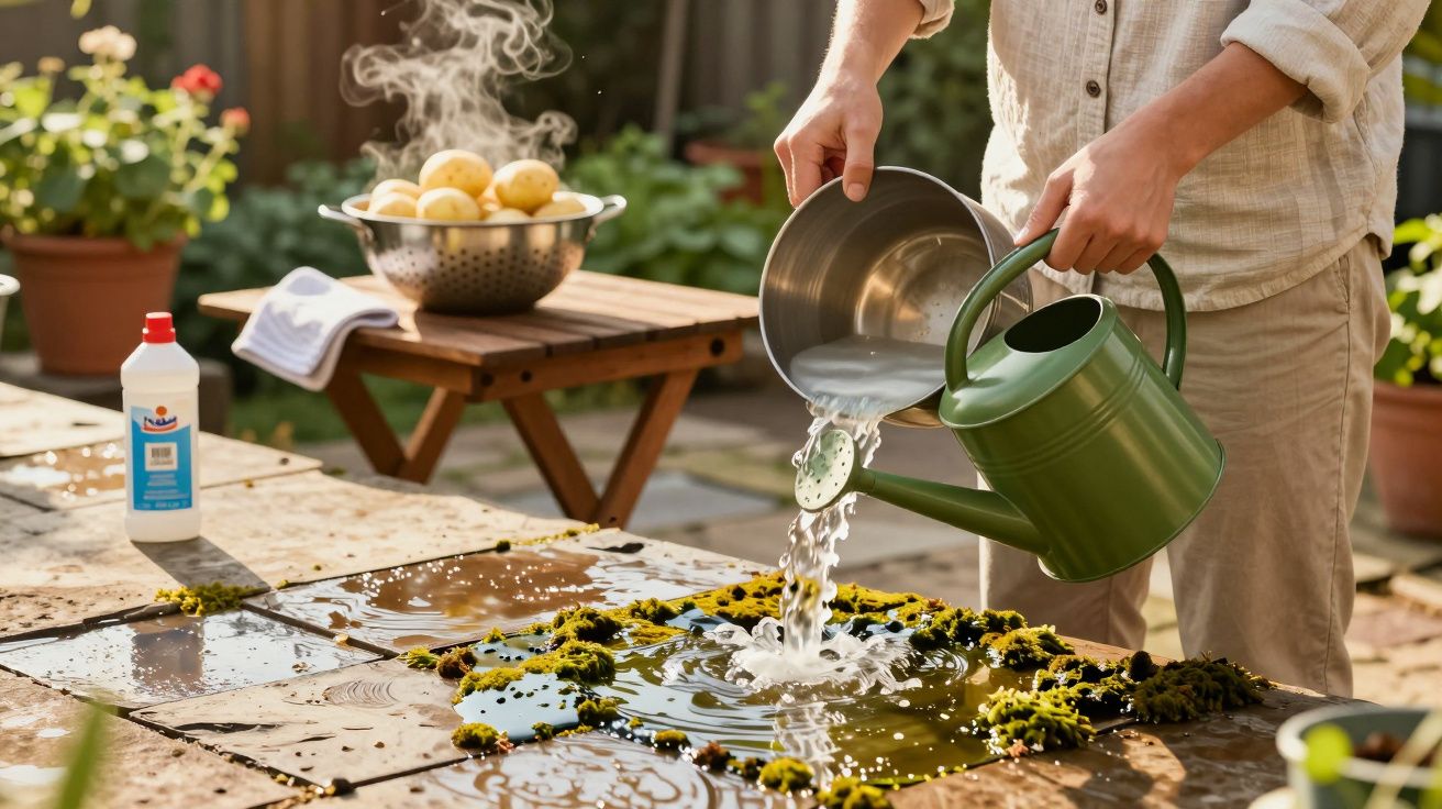 Pessoa despejando água de regador para panela em mesa externa com batatas e plantas ao fundo.