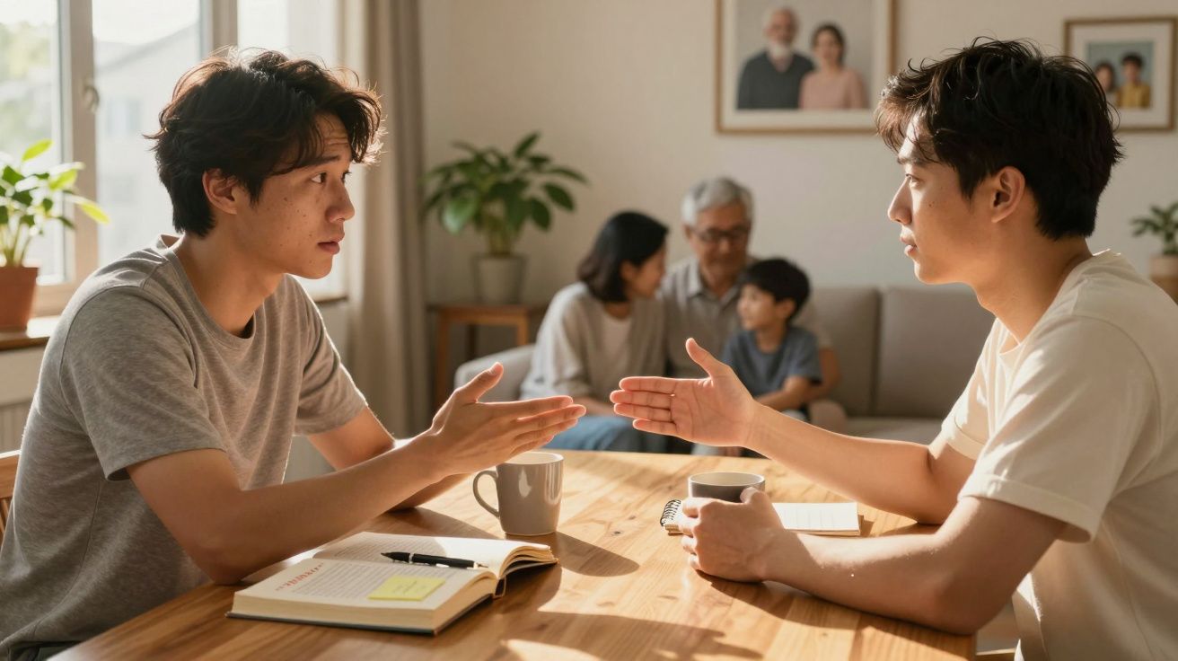 Dois jovens conversando à mesa com xícaras e livro, enquanto três pessoas conversam no sofá ao fundo.