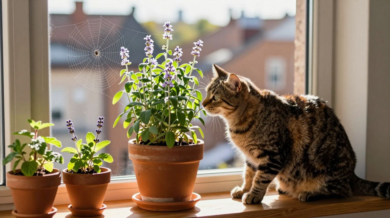 Gato observando plantas em vasos na janela com teia de aranha iluminada pelo sol.