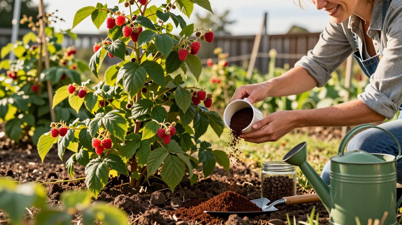 Pessoa fertilizando planta de framboesa em jardim ao ar livre em dia ensolarado.