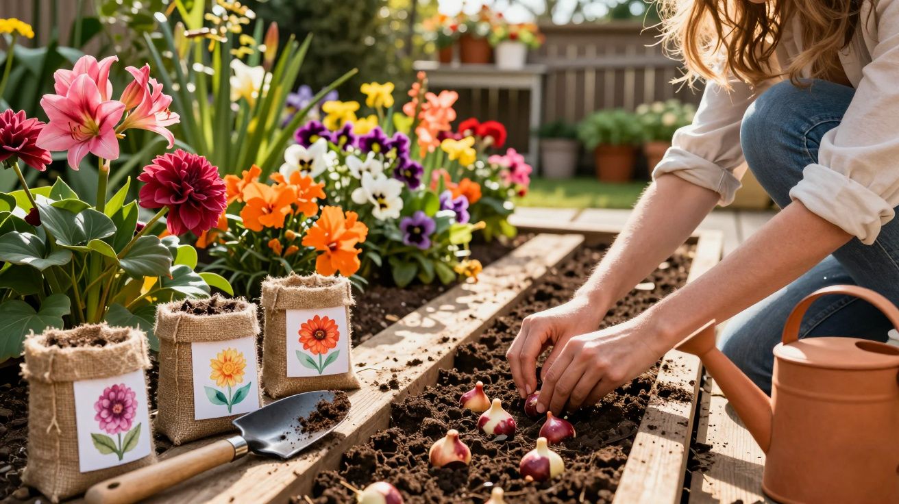 Pessoa plantando bulbos em canteiro ao ar livre cercado por flores coloridas e ferramentas de jardinagem.