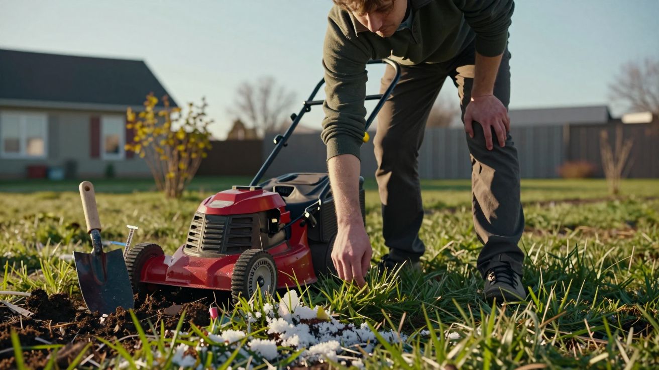Homem agachado cuidando do jardim ao lado de um cortador de grama vermelho em dia ensolarado.