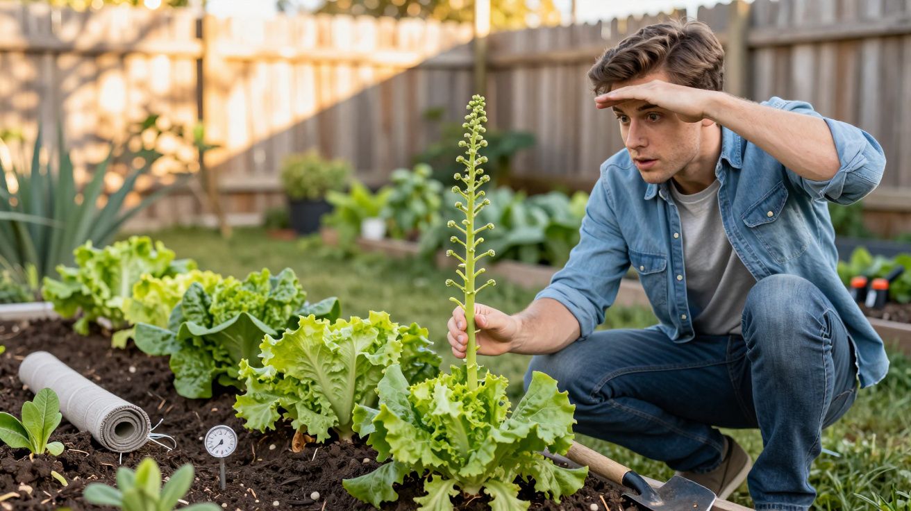 Homem observando planta alta no jardim enquanto está agachado perto de alfaces.