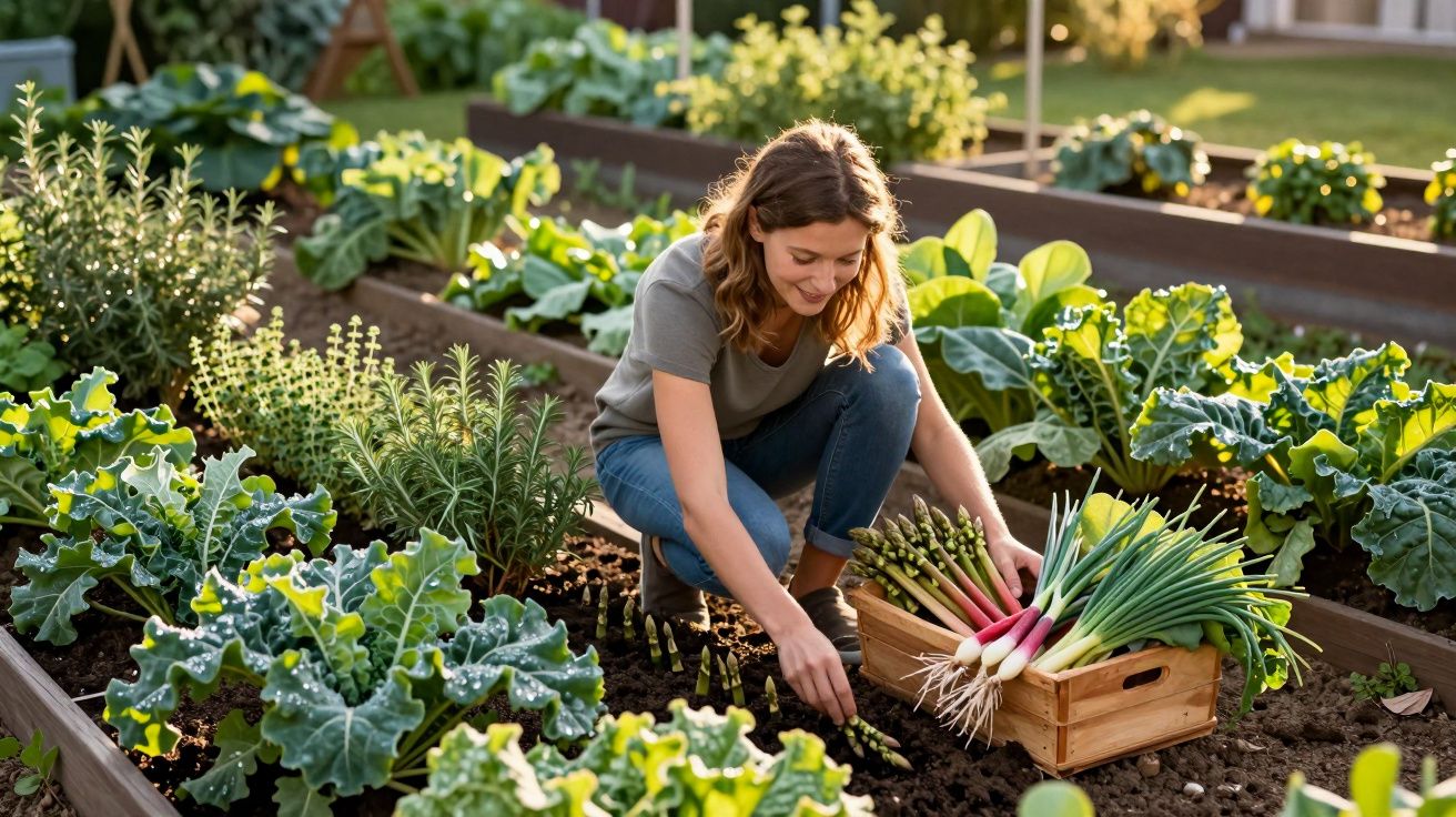Mulher colhendo cebolinhas em canteiro de horta com vegetais verdes ao redor, sob luz natural.