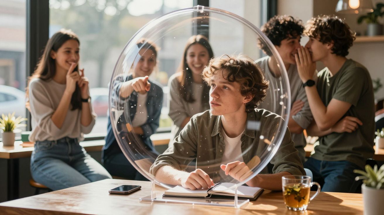 Jovem sentado separado por divisória de acrílico enquanto grupo de pessoas cochicha e aponta para ele.