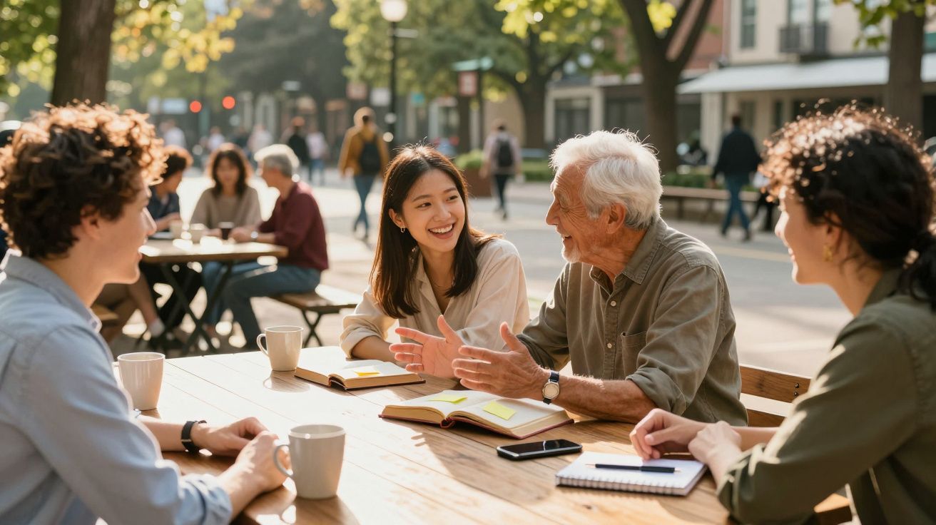 Grupo diverso de pessoas conversando e estudando ao ar livre em dia ensolarado.
