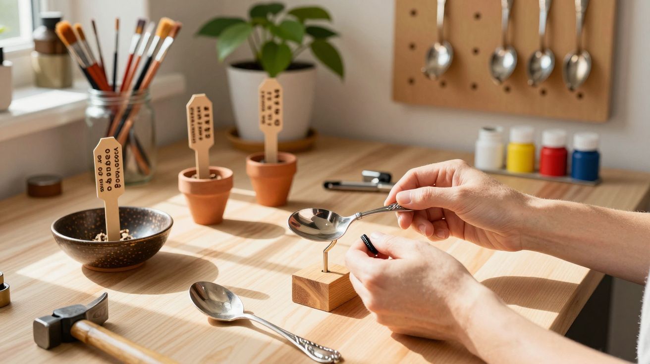 Mãos seguram colher e parafuso em mesa com ferramentas, vasos pequenos e pincéis para artesanato.
