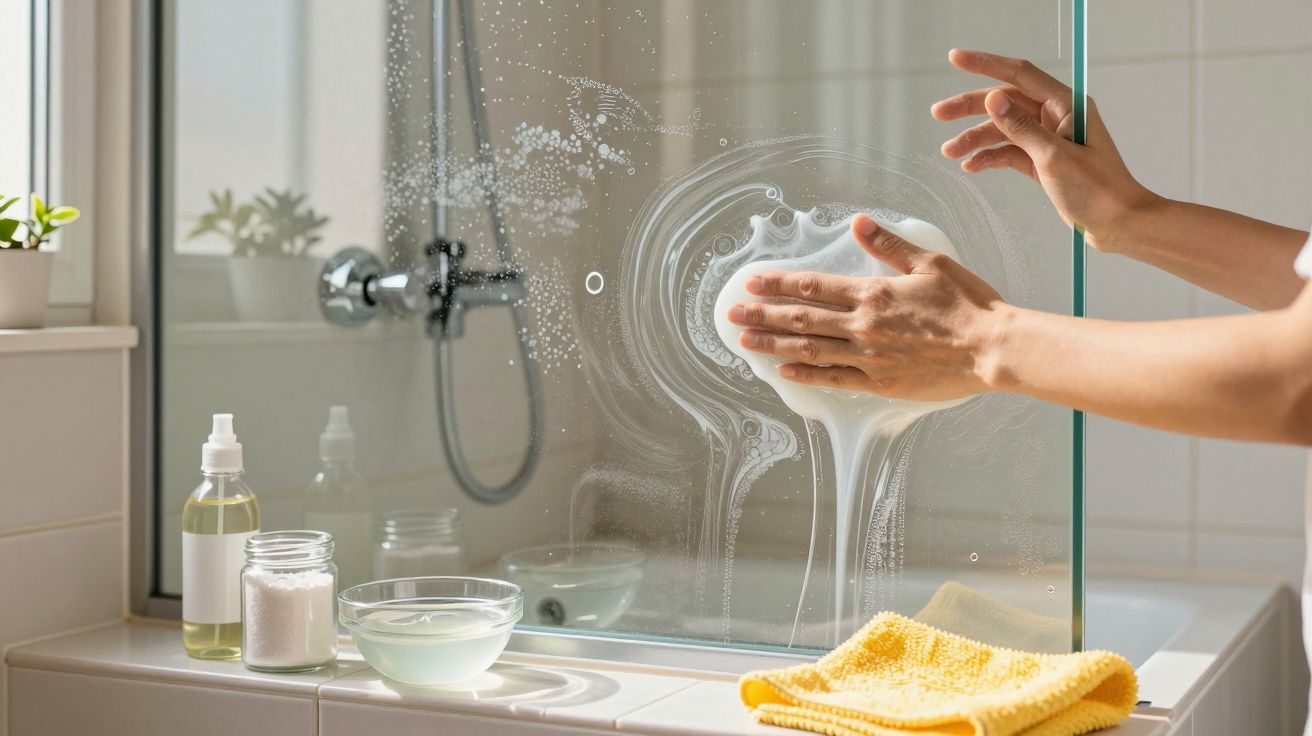 Pessoa limpando vidro do box do banheiro com esponja e produtos de limpeza ao lado.