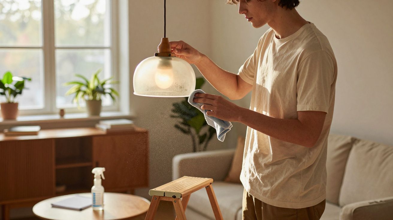 Homem limpando um abajur de vidro em uma sala iluminada com plantas e sofá ao fundo.