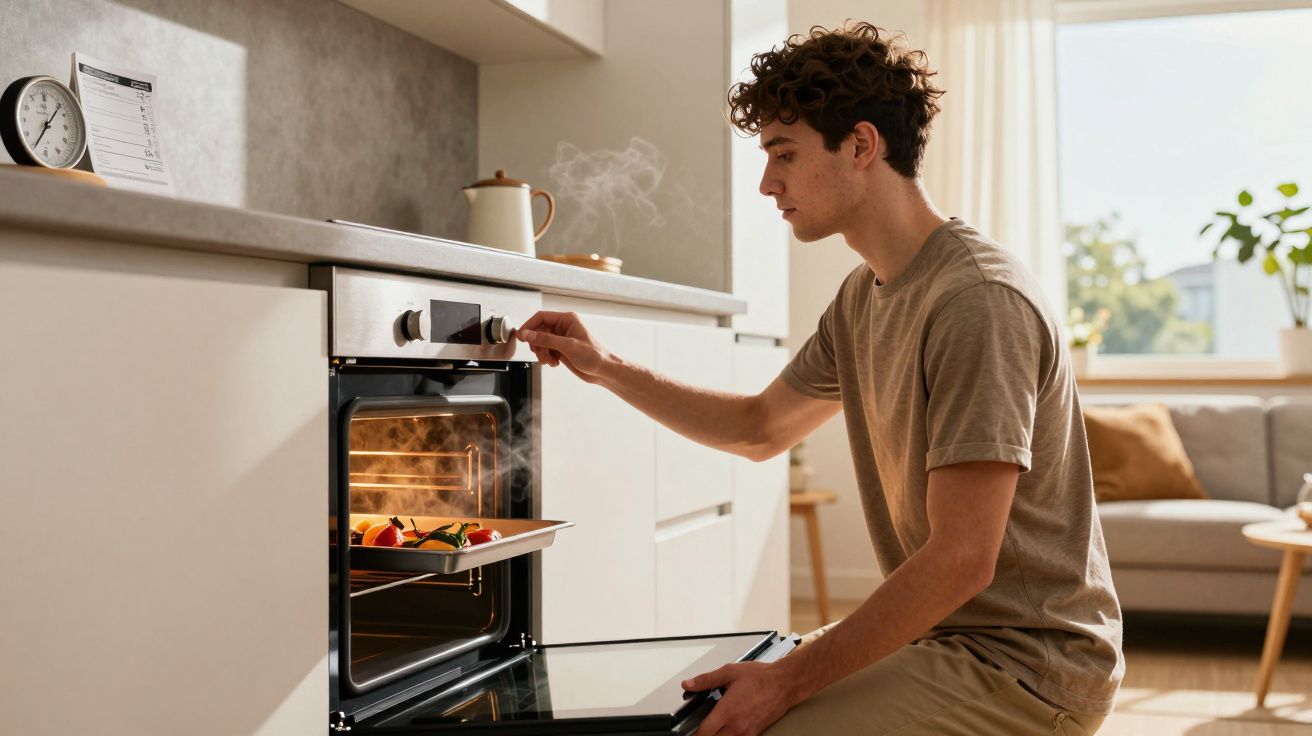 Homem ajustando o forno enquanto assa legumes em uma cozinha iluminada e moderna.