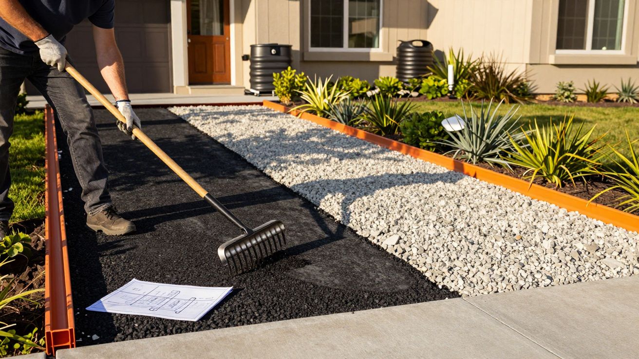 Pessoa usando rastelo para nivelar cascalho preto em jardim com plantas e cascalho branco na frente de casa.