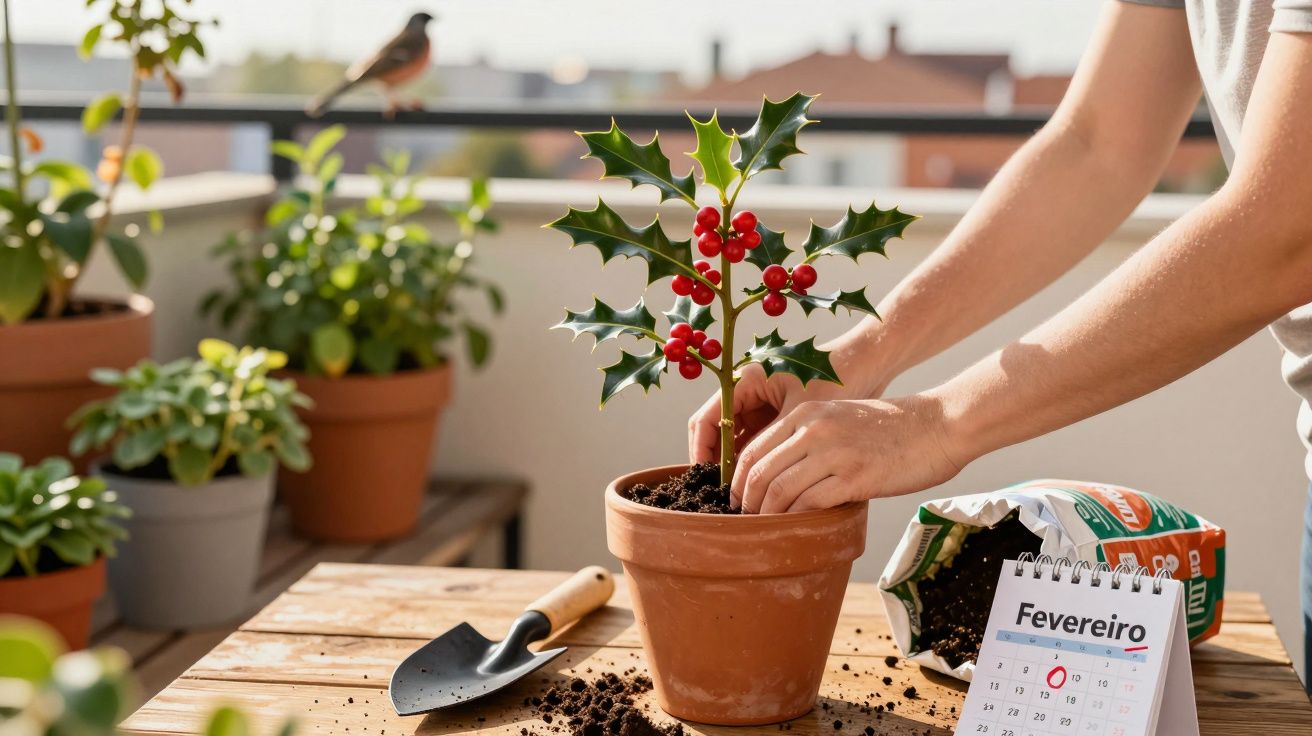 Pessoa plantando azevinho em vaso de barro em varanda ensolarada com calendário de fevereiro ao lado.