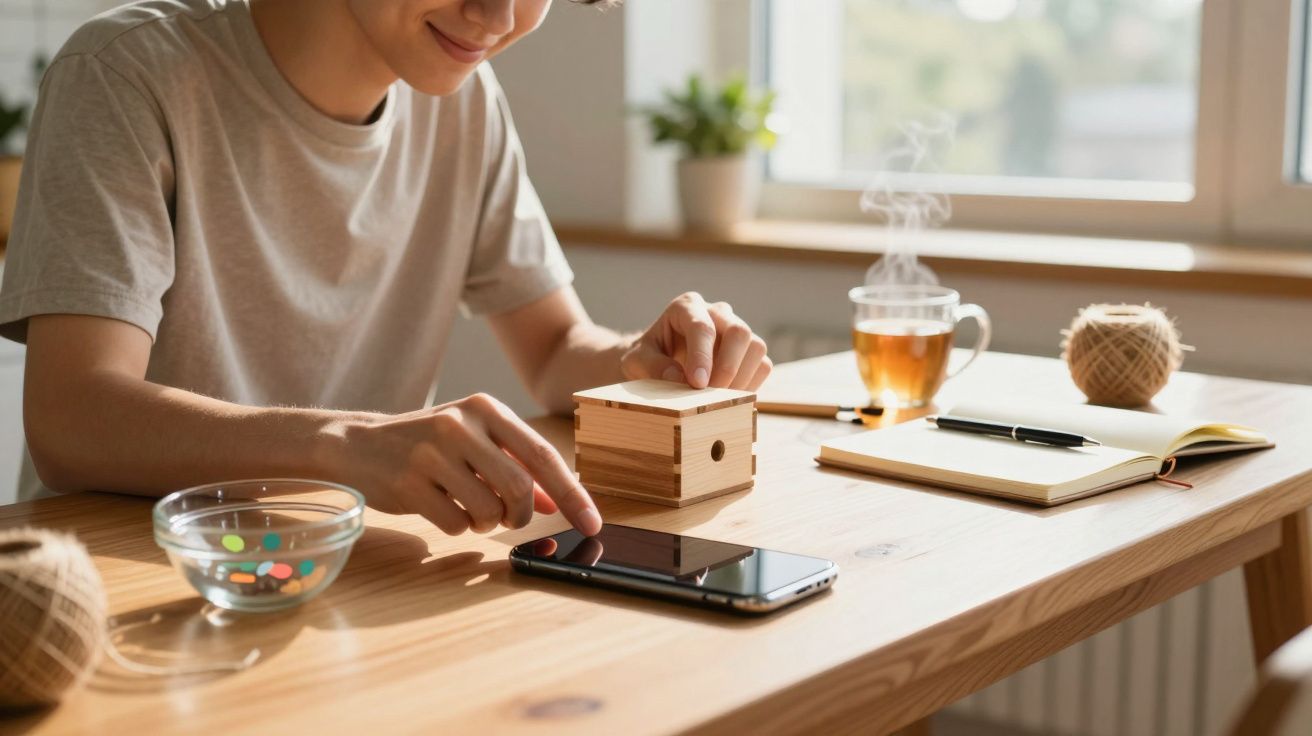 Pessoa tocando na tela de um celular sobre mesa de madeira com caixa de madeira, caderno e xícara de chá.