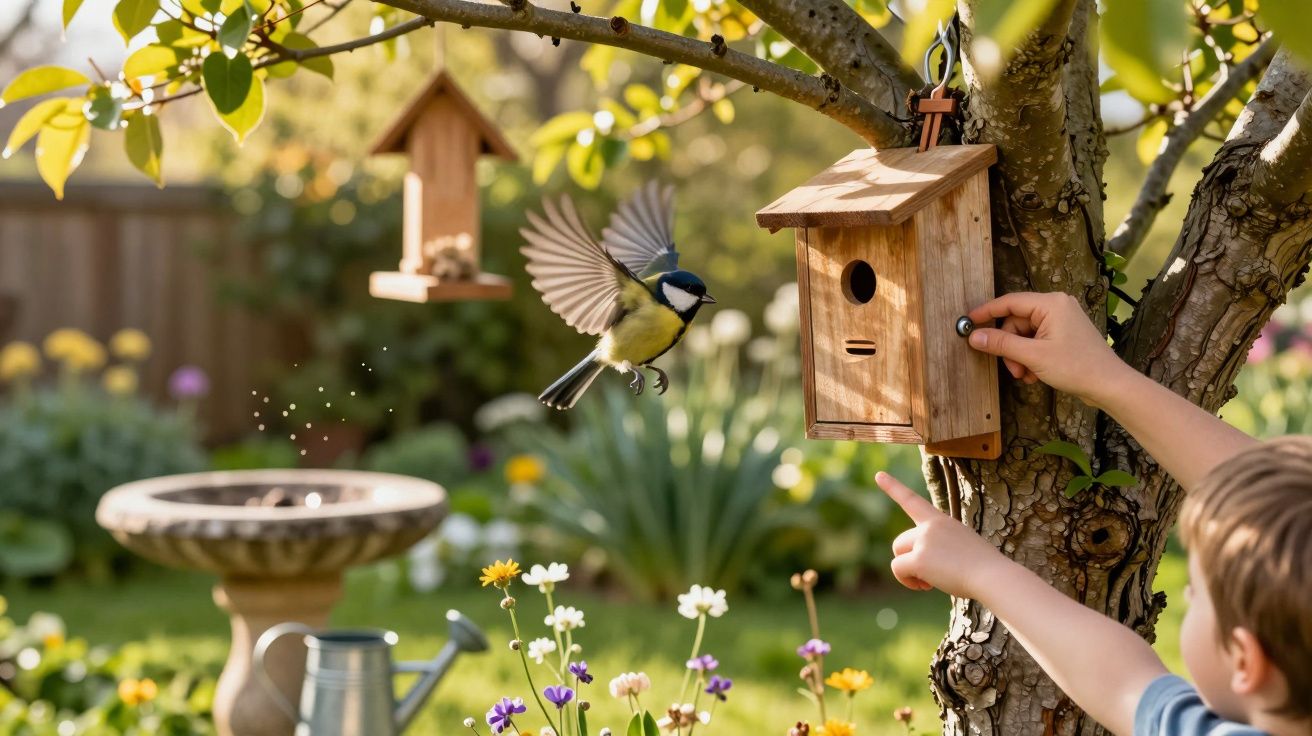Criança mexe em casa de passarinho em árvore enquanto pássaro azul e amarelo voa em jardim florido.