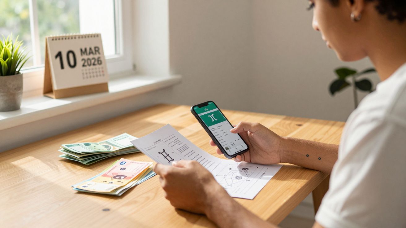 Pessoa segurando celular e documento enquanto senta à mesa com calendário, notas e planta ao fundo.