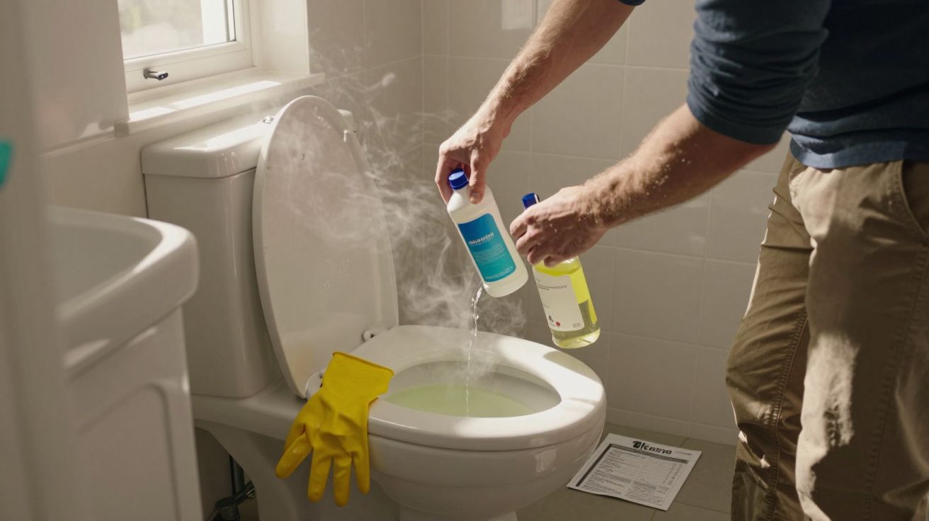 Pessoa despejando produtos químicos no vaso sanitário com luvas amarelas apoiadas na borda.