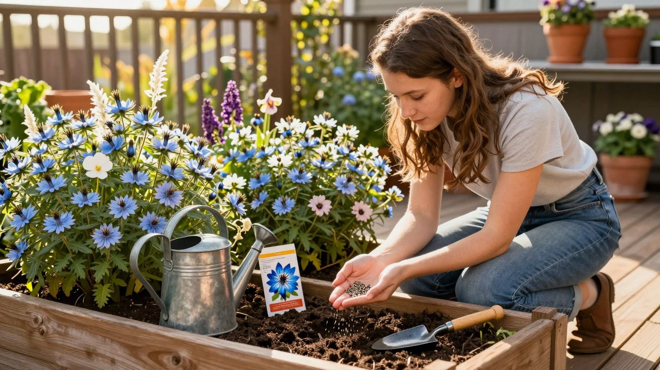 Mulher jovem plantando sementes em canteiro de madeira com flores azuis e regador ao lado.