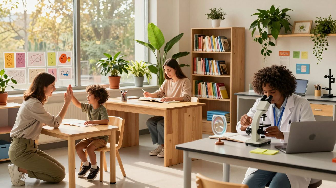 Sala de aula com professora, criança, estudante lendo e pessoa usando microscópio em ambiente iluminado.